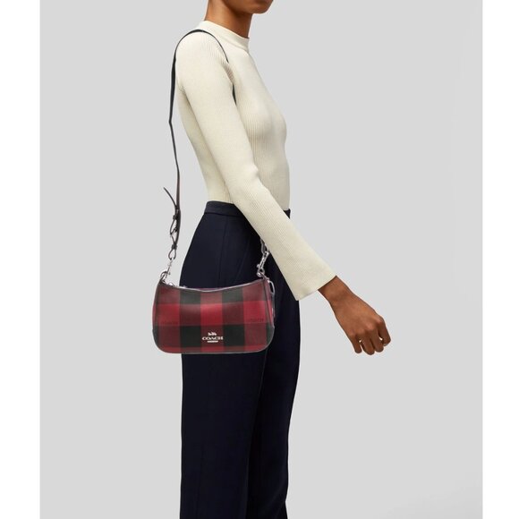 COACH Jes Baguette With Buffalo Plaid Purse Crossbody Bag Red/Black - Picture 4 of 13